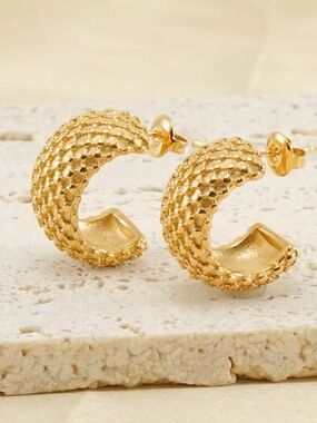 Gold Textured Hoop Earrings Stainless Steel